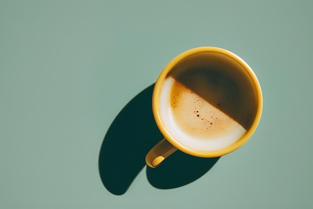 A yellow cup of coffee with a shadow of the cappuccino.