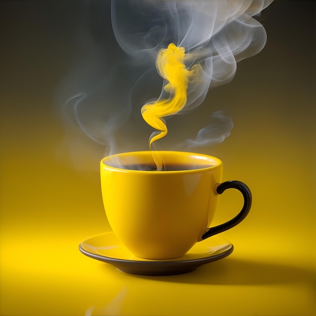 Yellow cup of coffee with smoke