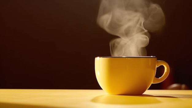 A yellow cup of coffee with steam coming out of it