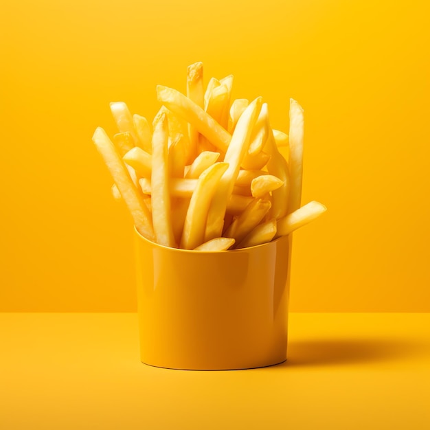 A yellow cup full of french fries