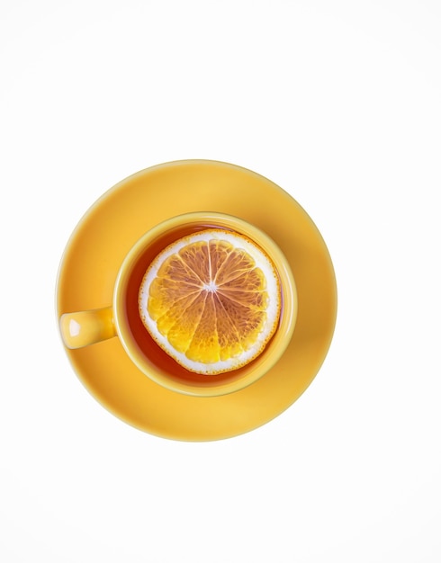Yellow cup of lemon tea isolated on white wall. Top view