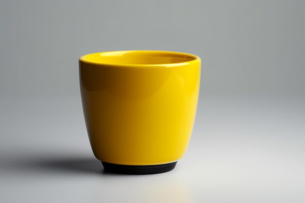 A yellow cup with a black rim and a black rim.