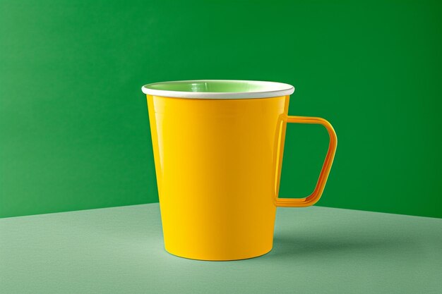 Photo a yellow cup with a green background and a green background