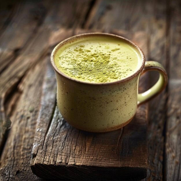 Photo a yellow cup with a green substance in it sits on a wooden table