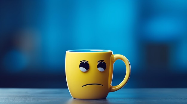 A yellow cup with sad face on a blue background blue monday concept Generative AI