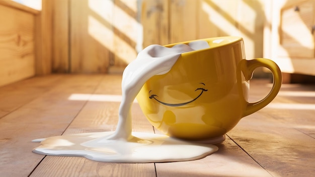 Photo yellow cup with spilling milk