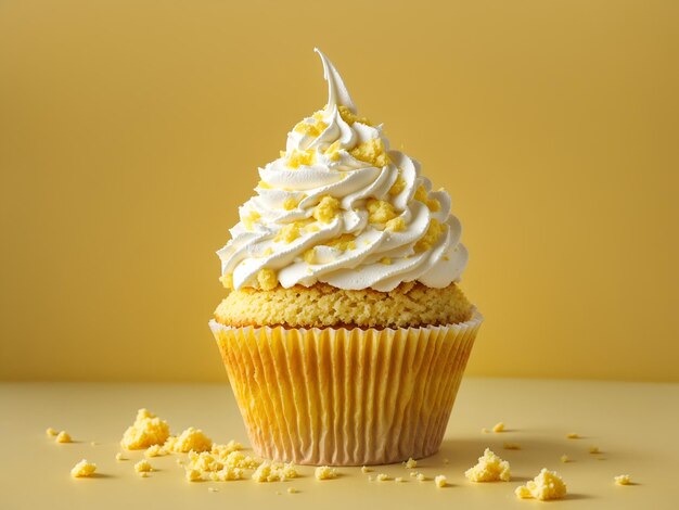 Yellow cupcake with white cream on a yellow background