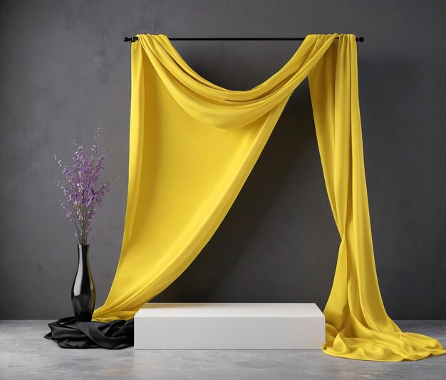 a yellow curtain hanging on a wall