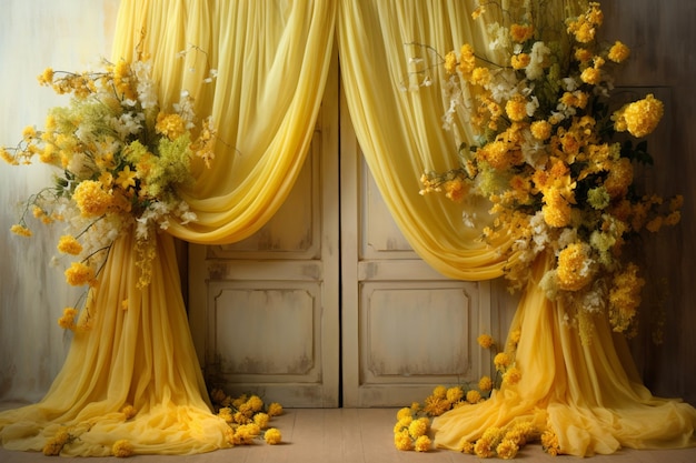 꽃이 달린 노란색 커튼과 문에 꽃이 적혀 있습니다.