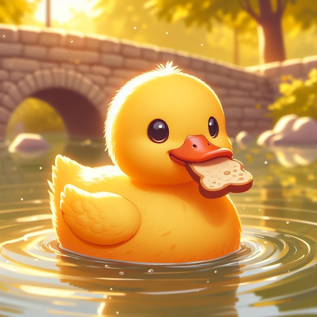 Желтая и милая утка плавает в спокойном пруду с куском хлеба во рту с клювом