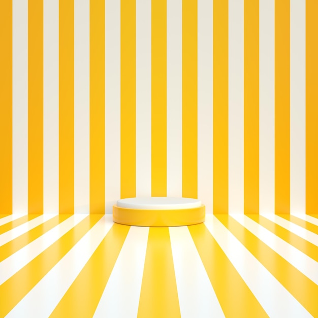 Yellow cylinder pedestal podium with white perspective stripes line Pastel minimal scene 3D render