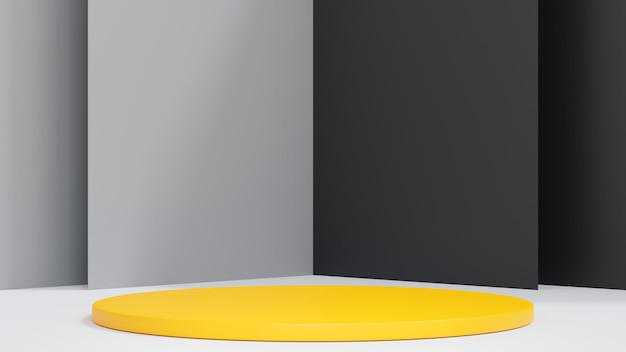 Yellow cylinder podium with grey wall stage for product 3D rendering