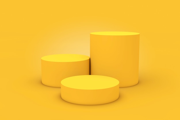 Yellow cylinder products stage pedestal op een gele achtergrond. 3d-rendering