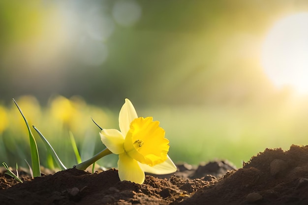 yellow daffodil in the dirt with the sun behind it.