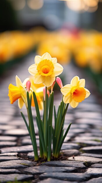 yellow daffodil with a blurred background of greenery