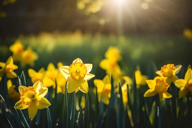 Yellow daffodils in a field of daffodils