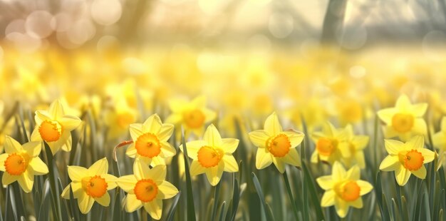 Yellow daffodils in front of a light background Bokeh panorama