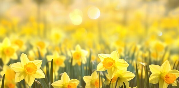 Yellow daffodils in front of a light background Bokeh panorama