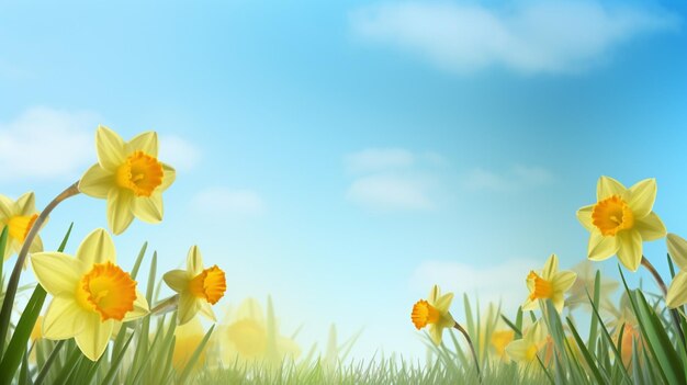 yellow daffodils with blue sky and sunlight