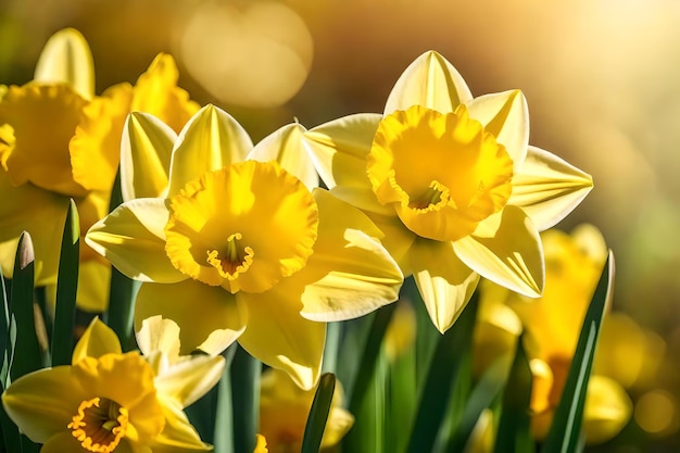Yellow daffodils with the sun shining through the background