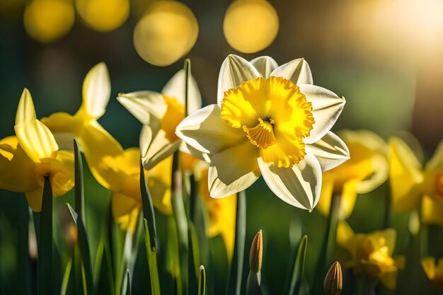 Yellow daffodils with the sun shining through the leaves