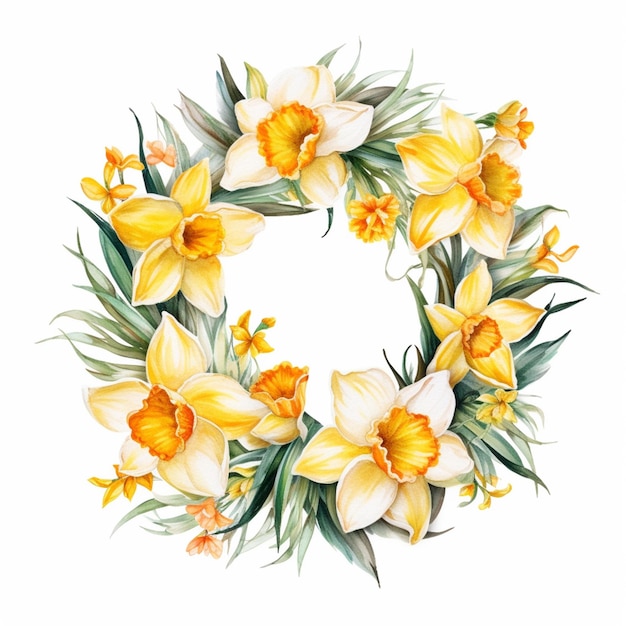 Yellow daffodils wreath on a white background