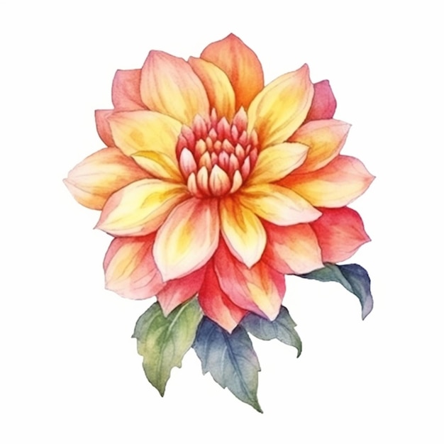 A yellow dahlia flower with leaves on a white background.