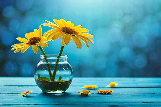 Yellow daisies in a vase on a blue table