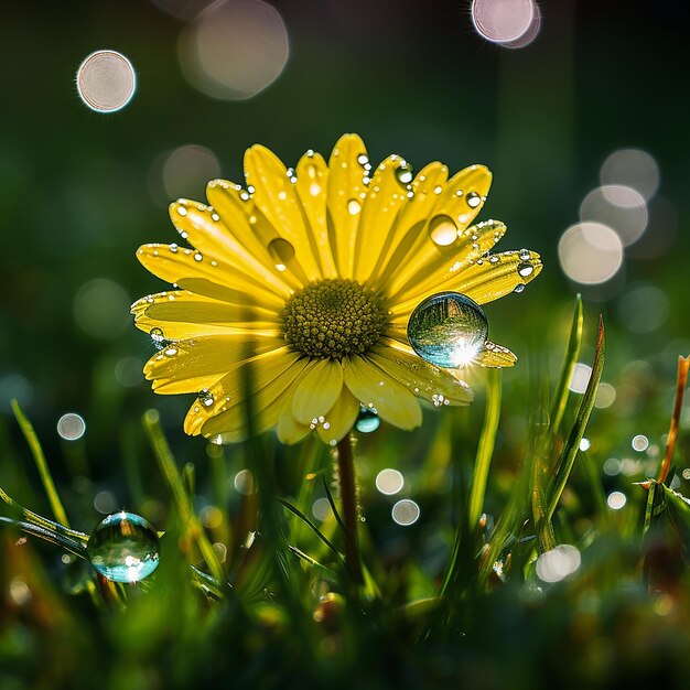 Photo yellow daisy in dewdrop bright reflection on green grass