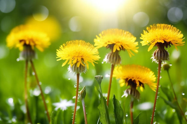 緑の草の上の黄色のタンポポの花 草原のタンポポの花