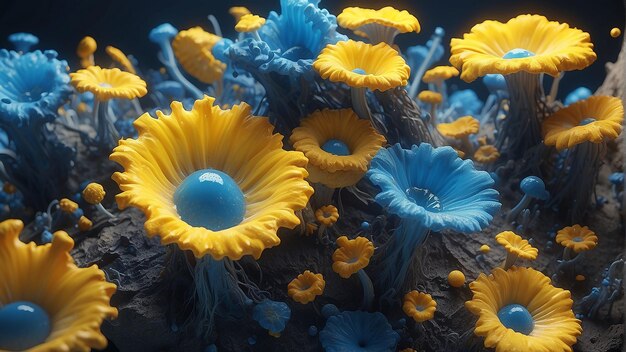 Photo yellow dandelionlike flowers growing on blue and yellow rocks