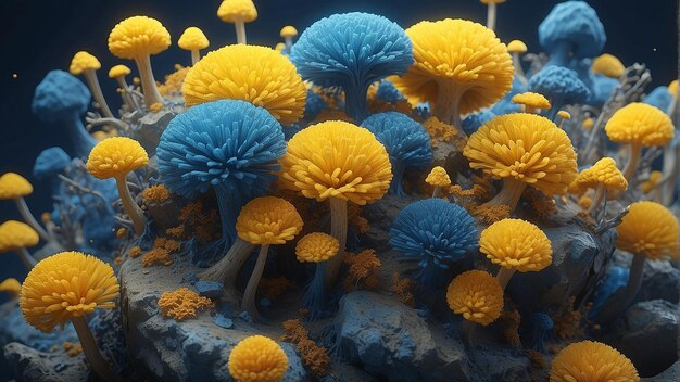 Photo yellow dandelionlike flowers growing on blue and yellow rocks