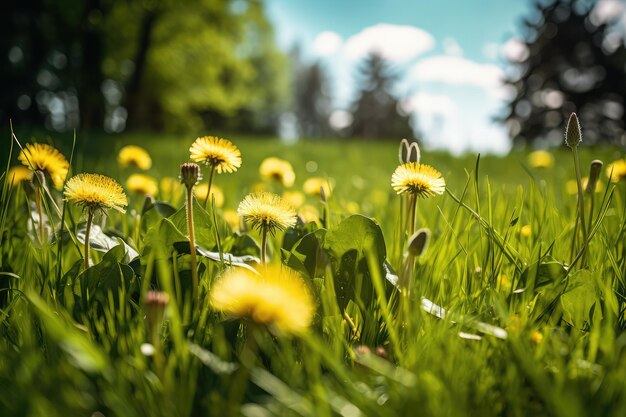 Yellow dandelions blooming in green grass