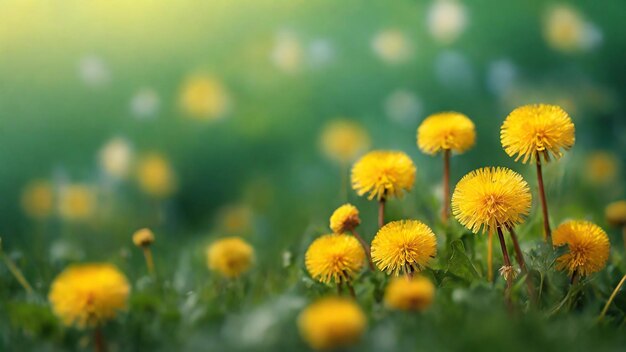 Yellow dandelions on green meadow with sunlight Spring background