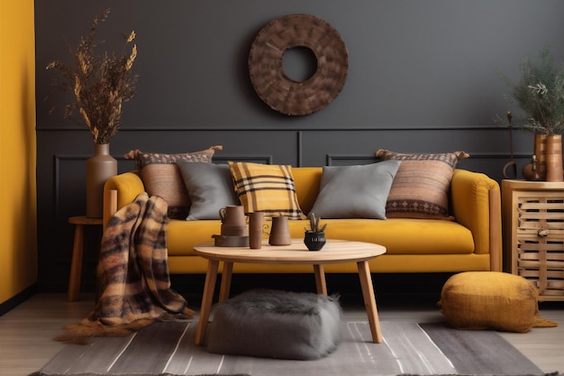 Yellow decor sofa pillow interior white home modern grey house cushion Generative AI