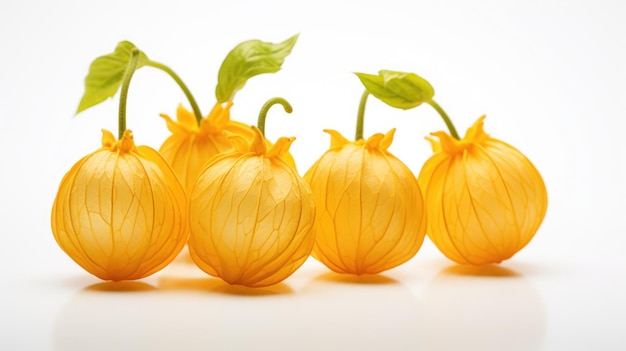 Yellow delicate Physalis flowers on white background Macro close up Beautiful background Physalis lanterns Healthy vegan superfood Vegetable rich in vitamins Flower gardening food blog Card