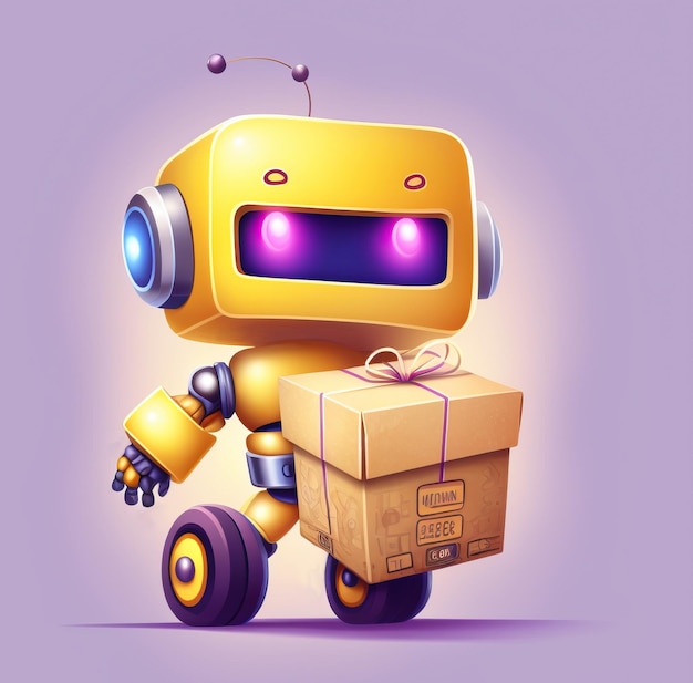 Yellow delivery bot on wheels delivering a cardboard box over li