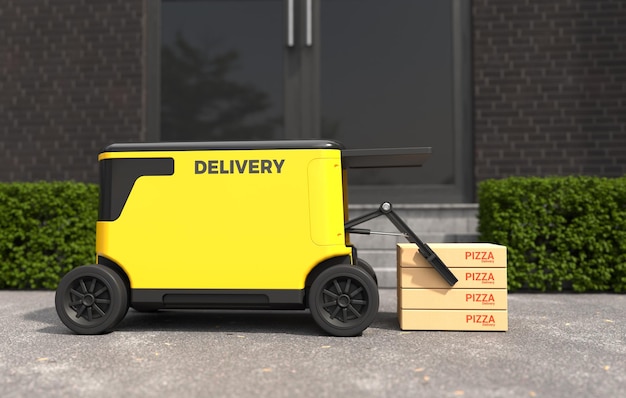 측면에 피자 상자가 있는 노란색 배달 로봇.