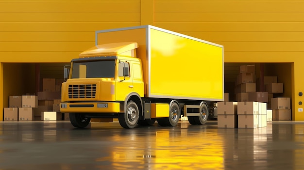 Желтый грузовик с картонными коробками Транспортировка груза3d рендеринг