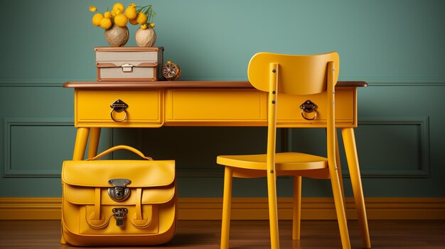 Photo a yellow desk with a bowl of oranges on it