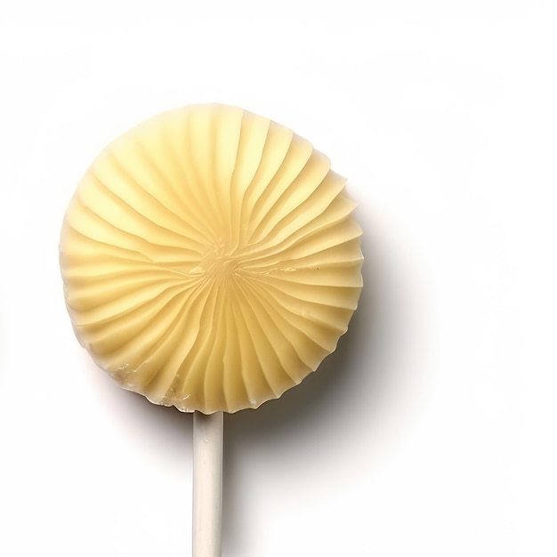 A yellow dessert is on a stick with a piece of paper on it.