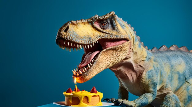 Photo yellow dinosaur eating birthday cake slice over blue