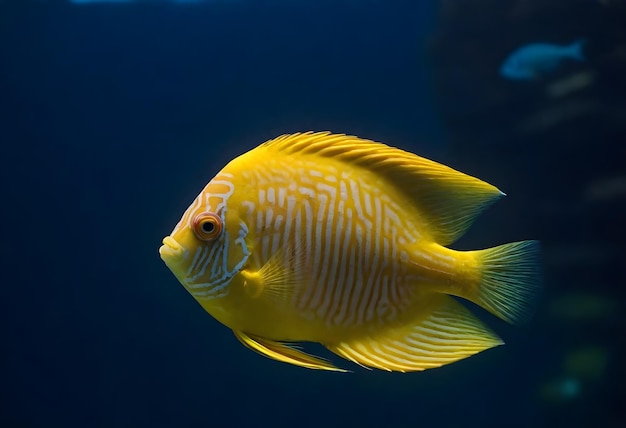 Yellow discus fish against a dark blue aquatic background