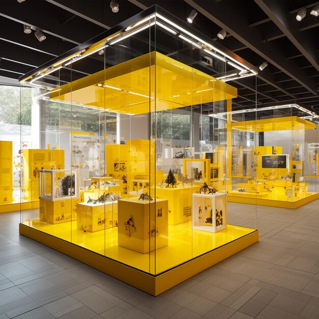 Yellow display cases with various items in them in a museum generative ai