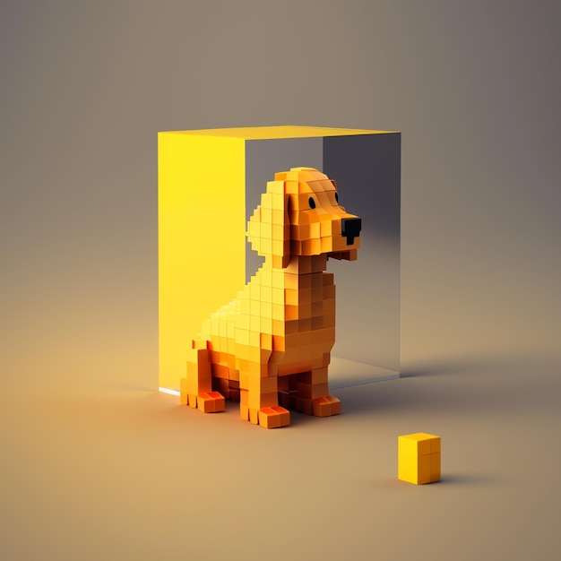 A yellow dog is sitting in a box with a box in it.