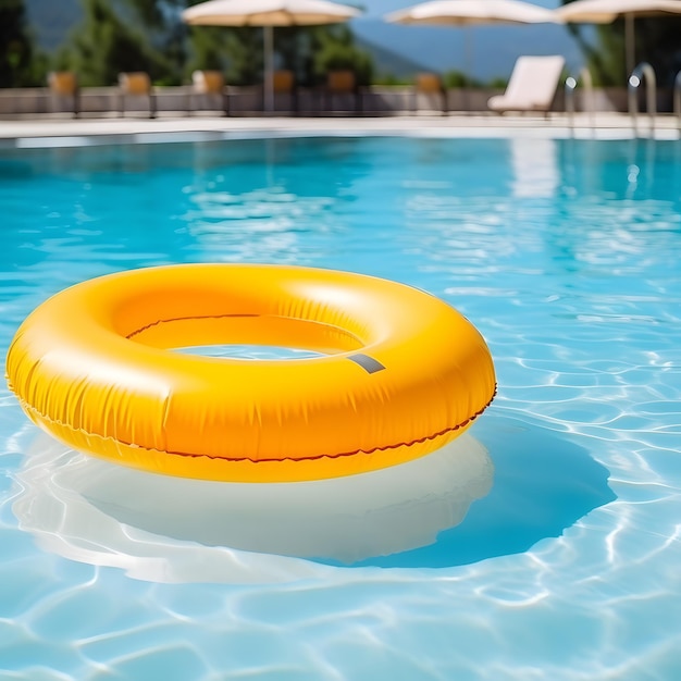 黄色いドーナツの形の膨らむ円が澄んだプールの水の背景に浮かんでいます
