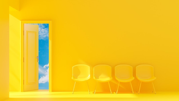 Yellow door is open outside was bright sky and four chair light\
from the side creates high contrast space for banner and logo\
background 3d render