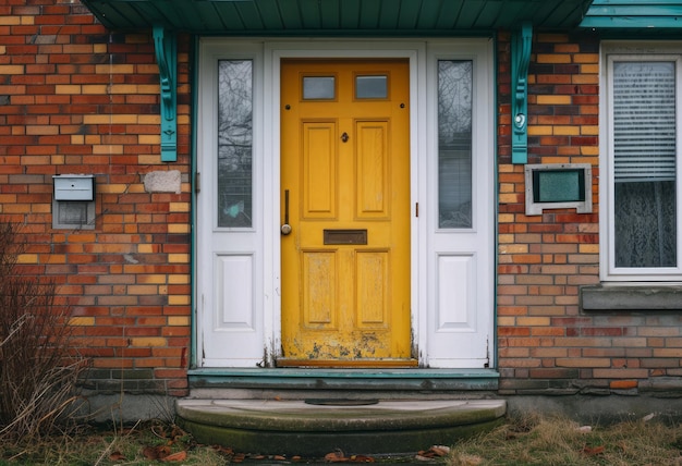 Foto una porta gialla su una casa bianca