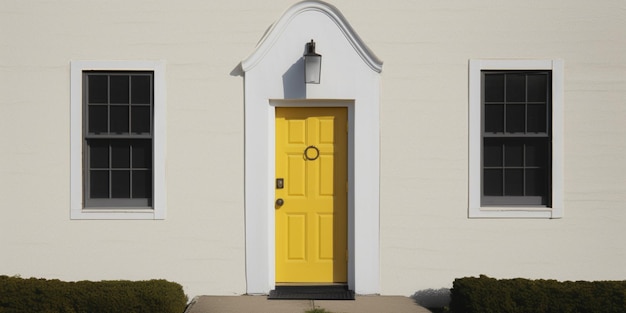 A yellow door with a black circle on the front door