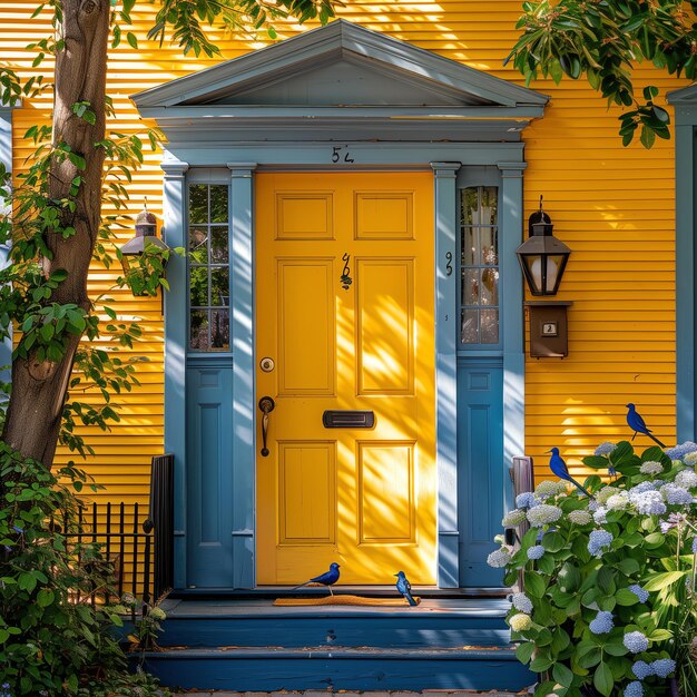 Photo a yellow door with the number 4 on it